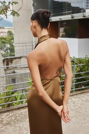 Zara Brown Satin maxi long Dress evening party holiday wedding cocktail gown thumbnail 14