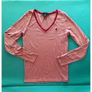 Ralph Lauren Sport Women’s Pink/White Striped V-Neck Logo Top Long Sleeve M thumbnail 1