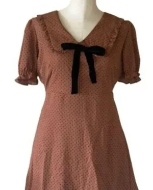 NWOT Blu Pepper POLKA DOT COLLARED VELVET TIE MINI BABYDOLL DRESS RUST BROWN thumbnail 1