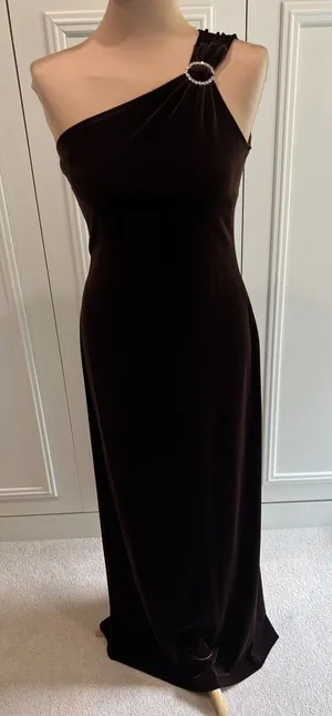 Patra Chocolate Brown Velvet One Shoulder Formal Dress Old Hollywood Elegant thumbnail 1