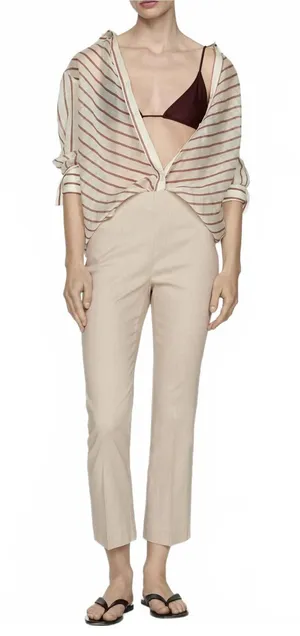 Mango Cotton Linen Flared Pants Beige Size 8/Large thumbnail 1
