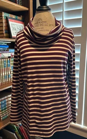 L.L. Bean Maroon and White Striped Cowl Neck thumbnail 1