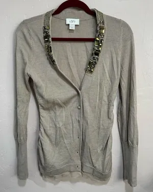 Ann Taylor Loft Taupe Beige Long Sleeve Cardigan Sweater SZ Small JEWLED V NECK thumbnail 1