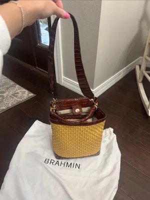 Brahmin Yellow Woven Bucket Bag with Brown Croc Trim thumbnail 2