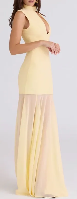 NEW HOUSE OF CB Raphaella Sleeveless Stretch Crepe Yellow butter Gown sz XS thumbnail 1