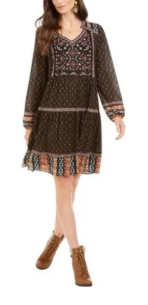 Style &‎ Co Dress Large Black Boho Embroidered Beaded Boho Peasant Dress Flowy thumbnail 1