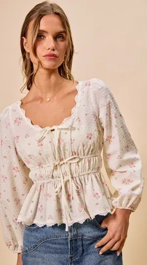 SO ME Floral Clip Dot Lace Trim Ruched Bodice Blouse - White - Medium thumbnail 1
