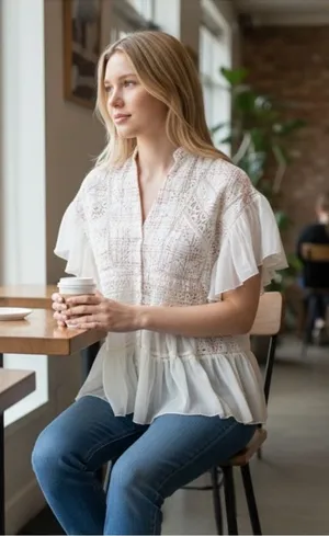 Size Small Anthropologie Boho Lace Peplum Top – Ivory/Cream thumbnail 1
