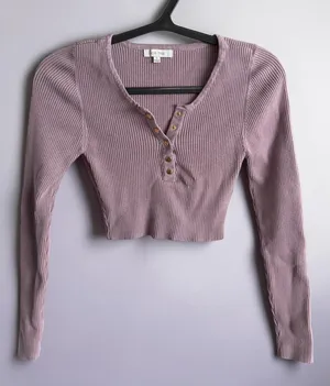 Love Tree Mauve Ribbed Long‎ Sleeve Button Up Henley Crop Top - Small thumbnail 1