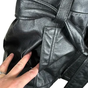 PELLE Black Genuine Leather Hooded Belted Faux Fur Lined Full Zip Jacket‎ Size L thumbnail 7