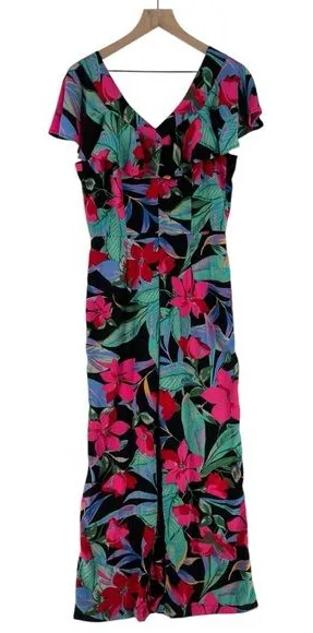Cupio Tropical Floral Print Chiffon Ruffle Flutter‎ Sleeve V Neck Jumpsuit thumbnail 1