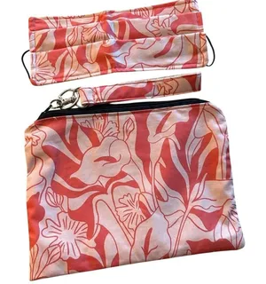Handmade Tropical Floral Pouch and Face Mask Set Coral Pink White Zippered Wristlet 2pc thumbnail 1