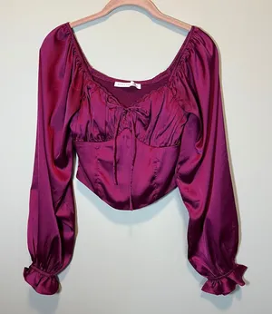 Altar'd State Satin Corset Top Crush Berry Smocked Balloon Sleeve XS Babydoll thumbnail 1