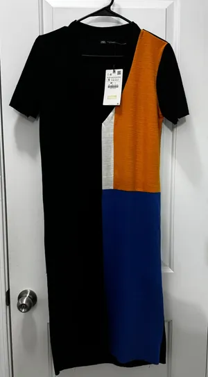Zara Colorblock Knit Midi Dress V-Neck Short Sleeve NWT Small thumbnail 1
