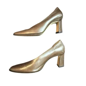 Evan-Picone New York Metallic Bronze Leather Block Heel Pumps Size 8B thumbnail 2