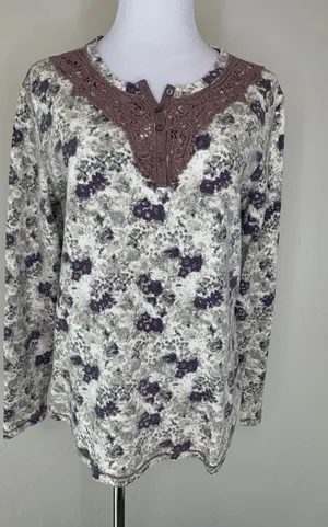 Northcrest Floral Thermal Lace Trim Henley Shirt Sz Large thumbnail 1