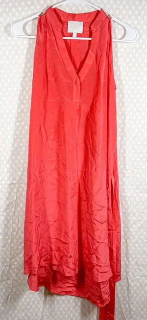 Anthropologie Aryn K Coral Pink Silk Belted‎ Trapeze Dress thumbnail 1
