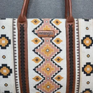 Wrangler Southwestern Canvas Tote Bag Large Aztec Print Faux Leather Trim Brown thumbnail 3