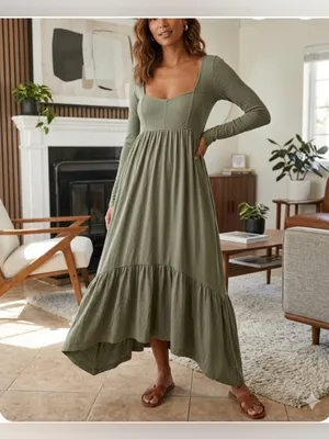 Anthropologie Olive Green Long Sleeve Tiered Maxi Dress thumbnail 2