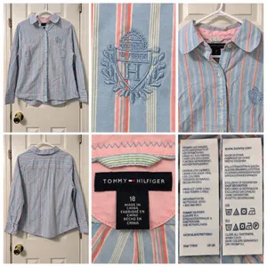 Tommy Hilfiger Women's Size 18 Blue Pink Striped Button Down Shirt Embroidered thumbnail 2