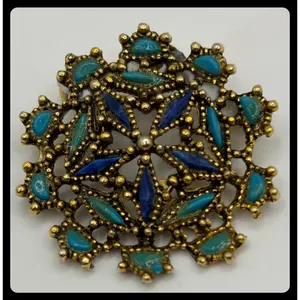 Unbranded Filigree Flower Brooch Women Small Gold Blue Turquoise Enamel Vintage thumbnail 1