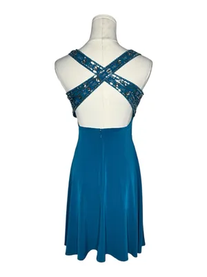 Vintage Blue Beaded Waist Criss Cross Back Mini Cocktail Dress Party Fairycore thumbnail 4