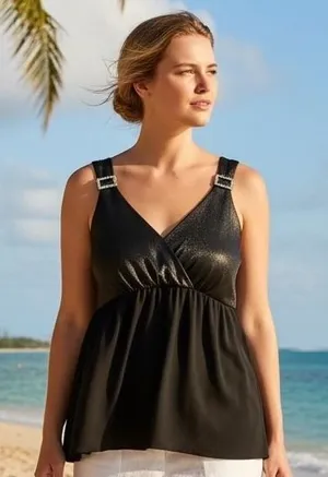 Lane Bryant Black Satin Surplice Babydoll‎ Top Rhinestone Buckle Plus Size Tank thumbnail 1