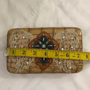 Western Boho Hippie Indie Tan cream western large beaded clutch bag purse wallet rhinestones angel wings dedazzled embellished silver tone Measurements in pics thumbnail 6