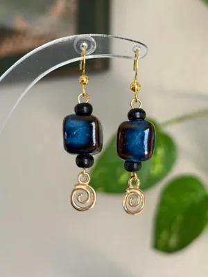 Handmade ceramic swirl chic boho retro vintage style dangle earrings💙 thumbnail 2