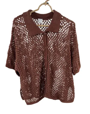 wild fable Brown metallic Open-Knit short sleeve crocheted Sweater L button up thumbnail 1