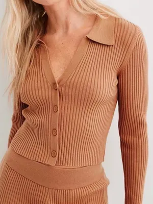 NWT Aerie Gotta Jet! Polo Ribbed Cropped Sweater Tan Medium thumbnail 1