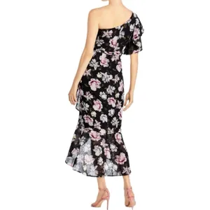 NWT AQUA Formal One Shoulder Ruffle‎ Floral High-Low Midi Dress Black Size 4 thumbnail 2