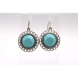 Silver Faux Turquoise Dangle Earrings Ornate Framing Southwest Boho Silver Tone thumbnail 2