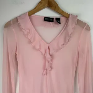 Vtg Y2K Pink Sheer Ruffle Neck Top Sz XS thumbnail 3