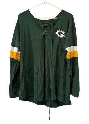 NFL Green‎ Bay Packers Lace Up Jersey Shirt Women Size Large Cotton Preppy thumbnail 1