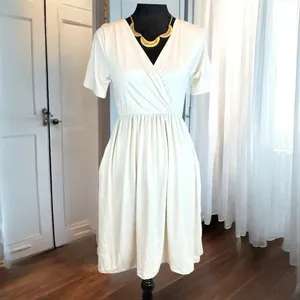 zenana faux wrap dress sand cream fit &‎ flare pockets casual surplice small thumbnail 6