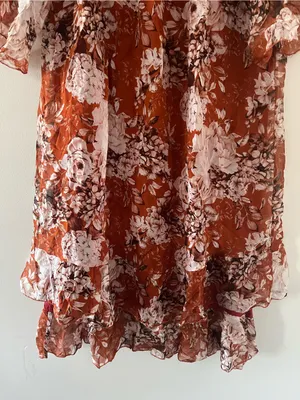 Rust Orange Silk Floral Mini Dress XS Euro Summer Resort Romantic Flutter Sleeve thumbnail 5