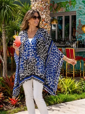 Chico's Travelers Blue Black Animal Print Sheer Kaftan Poncho Top Size 0 S thumbnail 1