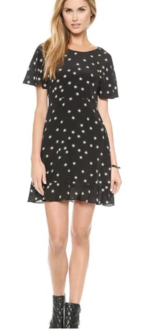 NWOT Pam & Gela Black & White Star Print Washed 100% Silk Flutter Sleeve Dress 6 thumbnail 1