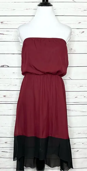 L8ter NWT Maroon & Black Strapless High Low Bohemian Dress Size Small thumbnail 1