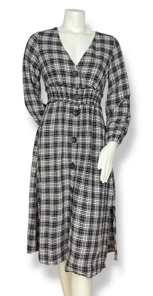Zara Plaid Dress Shirred Smocked Long Sleeve V-Neck‎ Midi Women Size Medium thumbnail 1