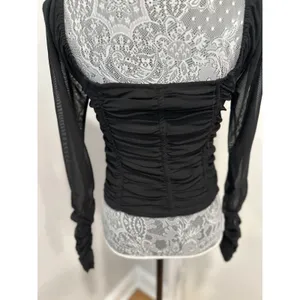 Jolie and Joy Women Sz:L Cropped Ruched Black Bodice Stretch Sheer Mesh Sleeves thumbnail 12