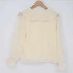 Bu Yi Du Blouse Womens M Ruffle Collar Tie Neck Cream Sheer Shimmer Excellent thumbnail 3