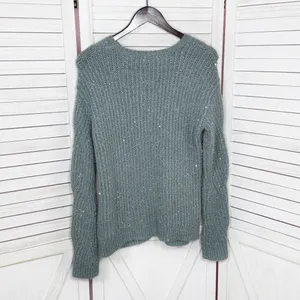 Nine West Scalloped Sleeve‎ Sequin Shimmer Sweater Sage Green Silver XS thumbnail 8