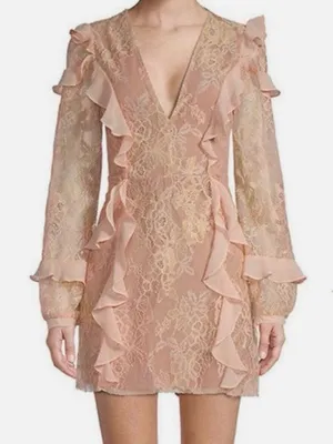 For Love & Lemons Bumble Pink Ruffle Lace Mini Dress size S thumbnail 1