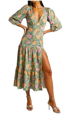 Showpo Alayna Midi Dress-Thigh Split Tiered Floral Dress in Sage Size 8 thumbnail 1