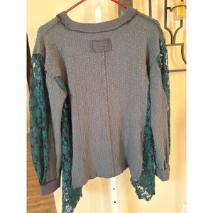 POL Womens Charcoal Grey Thermal Knit Henley Teal Floral Lace Sleeve Boho Top S thumbnail 8