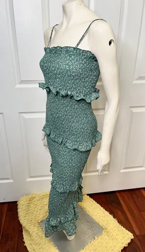 SheIn Green Floral Daisy Print Midi Smocked Bodycon Dress w/ Ruffles Size Medium thumbnail 6