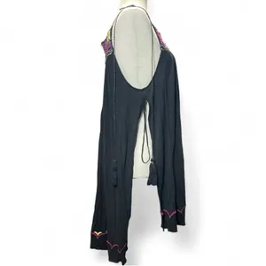 Free People Boho Black Embroidered Flowy Faux‎ Leather Straps Tunic Size Medium thumbnail 5