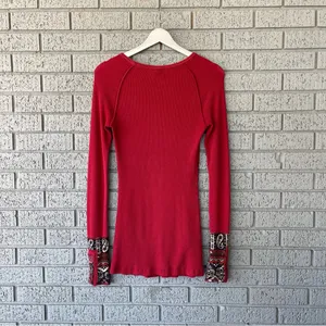 Free People Waffle Knit Henley Studded Cuff Red Long Sleeve Shirt Medium thumbnail 7